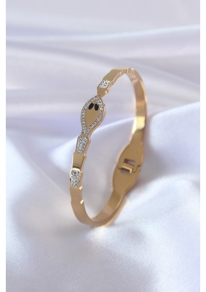 316L Çelik Gold Renk Yılan Model Zirkon Taş Detay Kadın Kelepçe - TJ-BB5054