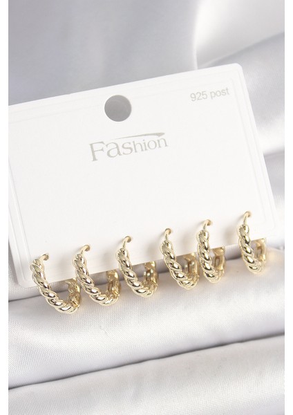 925 Ayar Gümüş Çivi Pirinç Gold Renk Sarmal Halka Model Kadın Küpe Seti - TJ-BKP10417