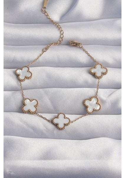 316L Çelik Gold Renk Beyaz Sedefli Yonca Bileklik - TJ-BB6262