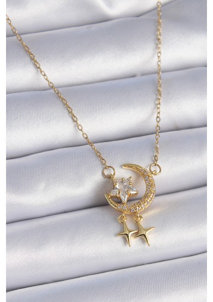 316L Çelik Zincir Gold Renk Zirkon Taşlı Hilal Model Yıldız Detay Kadın Kolye - TJ-BKO9362