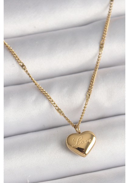 316L Çelik Gold Renk Zincir Love Işlemeli Kalp Figür Kadın Kolye - TJ-BKO9778