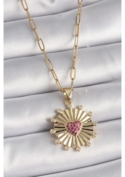 316L Çelik Gold Renk Pembe Zirkon Taşlı Kalp Işleme Madalyon Model Kadın Kolye - TJ-BKO9534