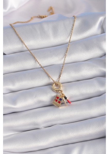 316L Çelik Gold Renk Makyaj Paleti Figür Charm Model Kadın Kolye - TJ-BKO9322