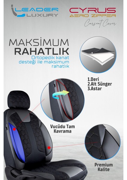 Dacia Duster Uyumlu Lüx Deri Detaylı Oto Koltuk Kılıfı Ön Arka Takım Venüs Tam Siyah Autogoodstore