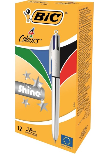 4 Colours Shine Gümüş Gövde Tükenmez Kalem 12'li Kutu, 4 Renk (Mavi, Siyah,yeşil ve Kırmızı), 1.0 Mm. Uç