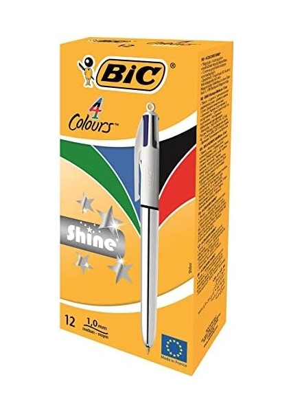 4 Colours Shine Gümüş Gövde Tükenmez Kalem 12'li Kutu, 4 Renk (Mavi, Siyah,yeşil ve Kırmızı), 1.0 Mm. Uç