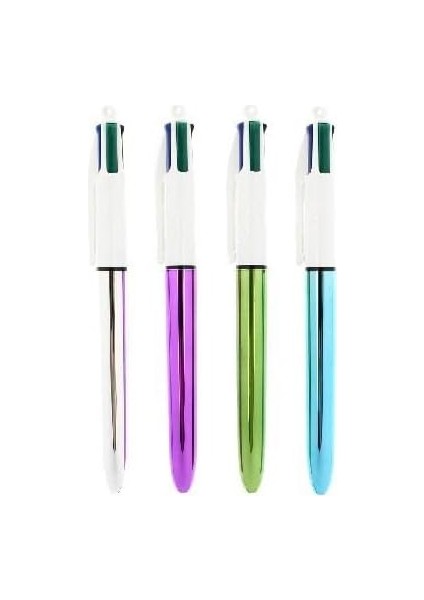 4 Colours Shine Gümüş Gövde Tükenmez Kalem 12'li Kutu, 4 Renk (Mavi, Siyah,yeşil ve Kırmızı), 1.0 Mm. Uç