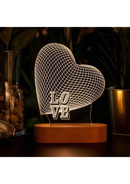 Yazılı 3 Boyutlu LED Masa Lambası - USB Bağlantılı Sarı Işık