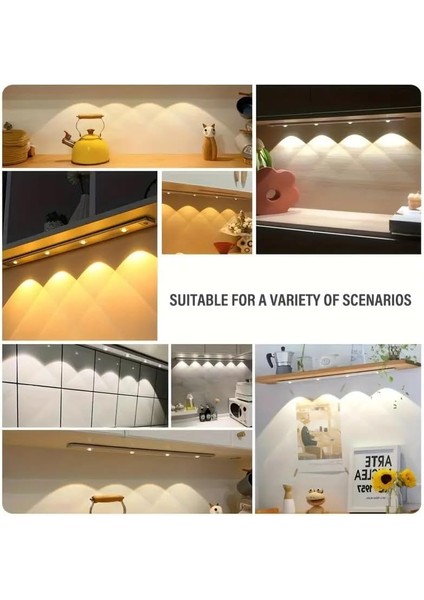Şarjlı Hareket Sensörlü LED Şerit Çift Modlu Sensörlü Veya Sürekli Işık Yatak Odası Banyo Mutfak Çalışma Odası Aydınlatma Ayarlanabilir 3 Farklı Işık Rengi 30CM 2'li Işık (KS-2000-08)
