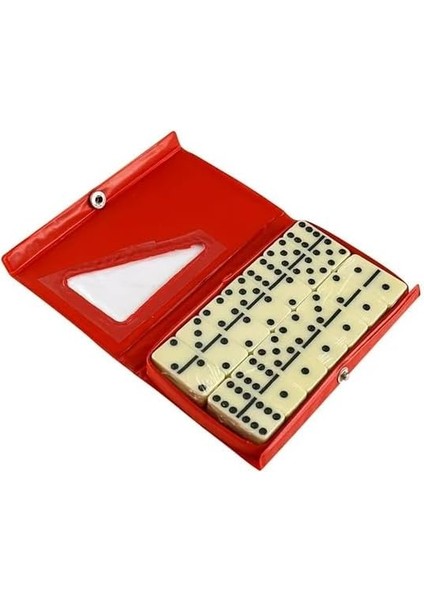 Deri Çantalı Melamin Domino Oyunu 28 Taş Dominoes Double Six Aile Oyunu (Kırmızı)