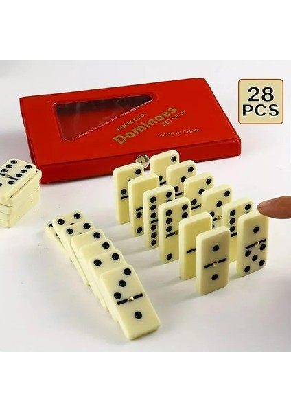 Deri Çantalı Melamin Domino Oyunu 28 Taş Dominoes Double Six Aile Oyunu (Kırmızı)