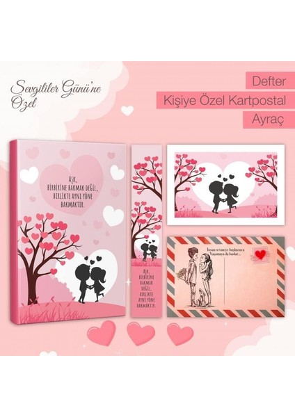Kitabevi Kişiye Özel Kartpostallı Hediye Seti - Aşk Meyvesi 128 Sayfa Defter 1 Kartpostal 1 Ayraç