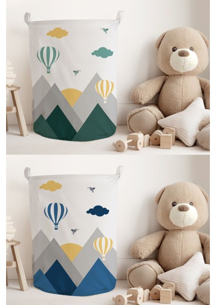Kuş Vadisi Dağ Desenli Mavi-Yeşil 2 Adet Çocuk Odası Oyuncak Veya Kirli Sepeti TLACS-300
