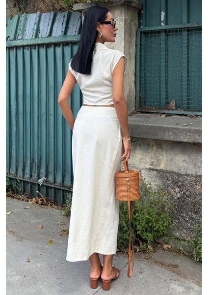 Bluzu Büzgülü ve Eteği Tokalı Keten Takım 10204