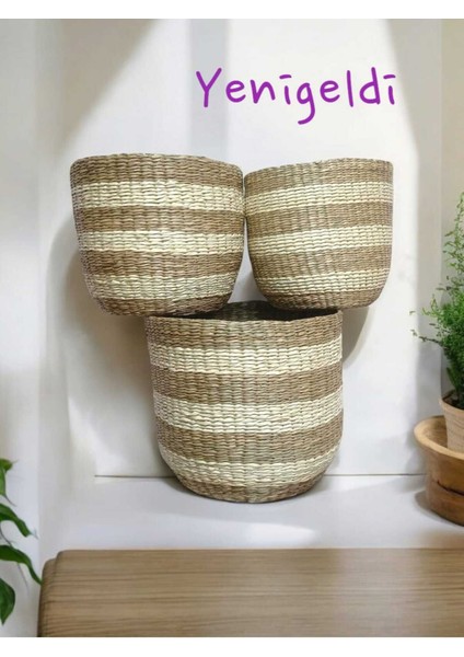 3lü Hasır Sepet Seti Düzenleyici Organizer Beyaz Çizgili YEN2400323