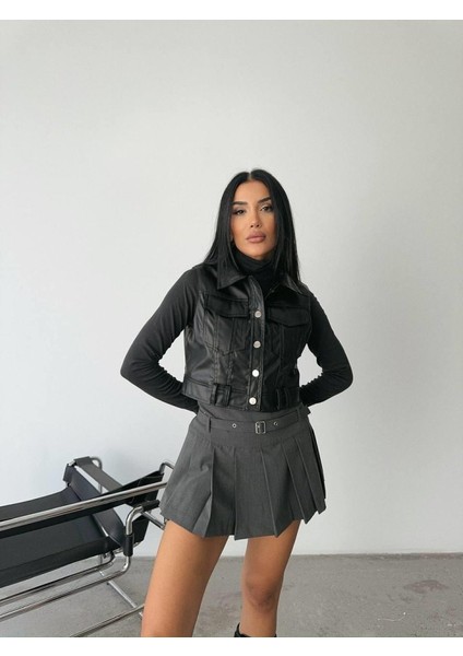 Munn Collection Deri Crop Yelek - Siyah