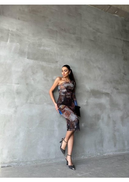 Tek Kol Tül Elbise - Bej