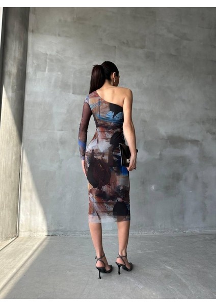 Tek Kol Tül Elbise - Bej fiyatları