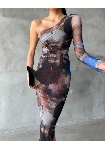 Tek Kol Tül Elbise - Bej fırsatları