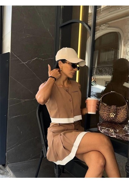 Munn Collection Etekucu Şeritli Yelek - Tenis Etek Takım - Bej