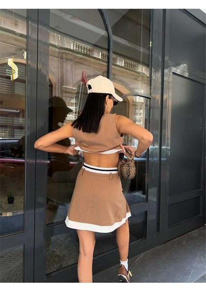 Munn Collection Etekucu Şeritli Yelek - Tenis Etek Takım - Bej