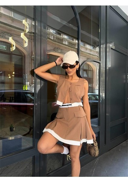 Munn Collection Etekucu Şeritli Yelek - Tenis Etek Takım - Bej