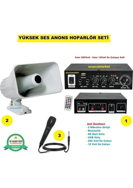 Yüksek Ses Anons Pazarcı Hoparlör Seti (Açık Hava Horn Hoparlör - Mikrofon - USB - Sd Kart Girişli Mobil Amfi)