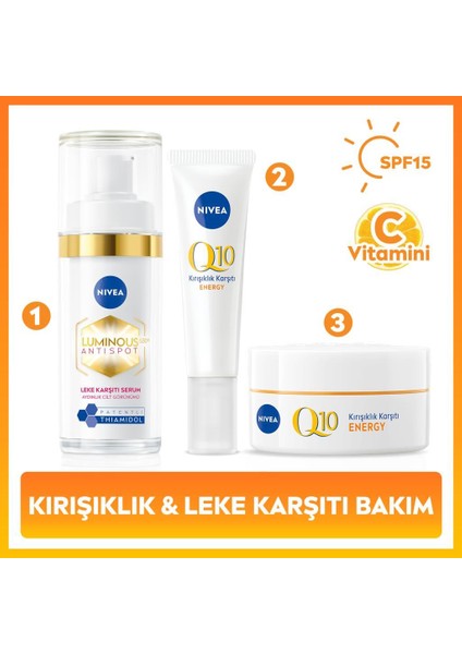 SPF15 Q10 Energy Gündüz Kremi 50ML, LUMINOUS630 Thiamidol Etkili Leke Karşıtı Serum 30ML ve Göz Krem