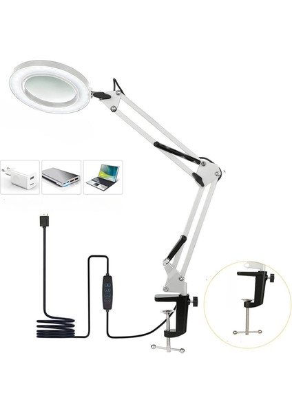 Masa Üstü Katlanabilir 10X Işıklı Büyüteç USB 3 Renkli Bakım Güzellik LED Lambası