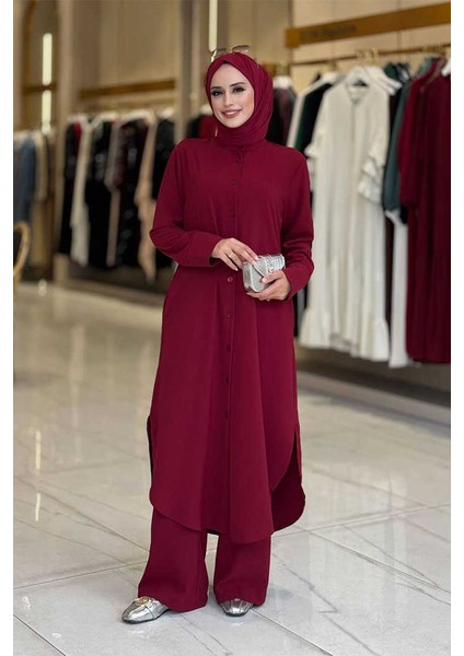 Düğmeli Cepli Tunik ve Pantolon Ikili Takım 8682 Bordo