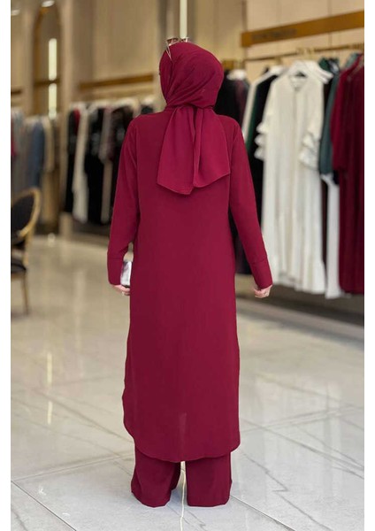Düğmeli Cepli Tunik ve Pantolon Ikili Takım 8682 Bordo fiyatları