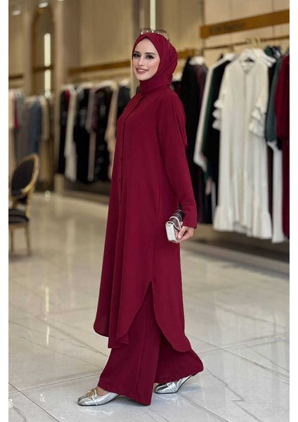 Düğmeli Cepli Tunik ve Pantolon Ikili Takım 8682 Bordo modelleri