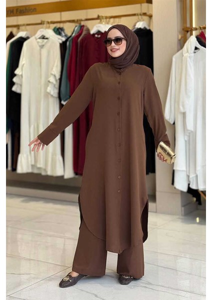 Düğmeli Cepli Tunik ve Pantolon Ikili Takım 8682 Kahverengi