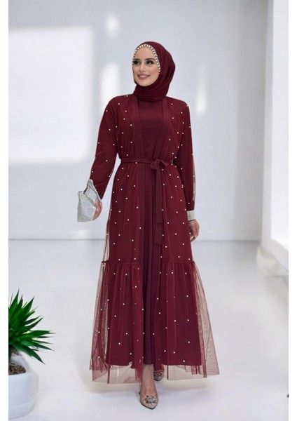Incili Abaya ve Elbise Takım 8491 Bordo