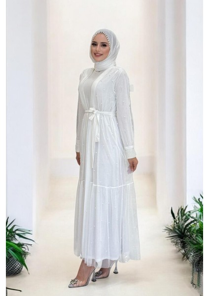 Incili Abaya ve Elbise Takım 8491 Ekru