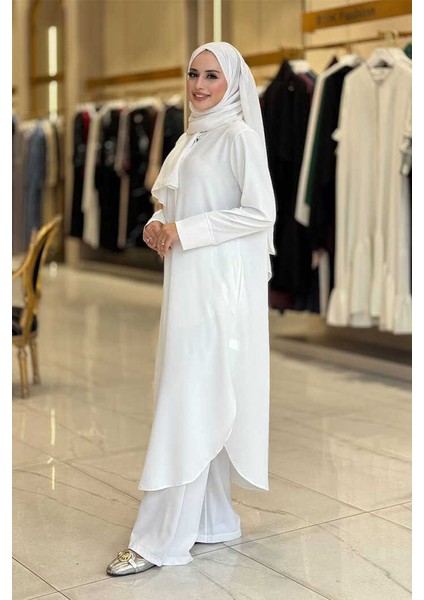 Düğmeli Cepli Tunik ve Pantolon Ikili Takım 8682 Ekru