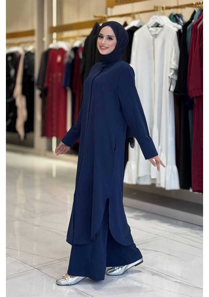 Düğmeli Cepli Tunik ve Pantolon Ikili Takım 8682 Lacivert
