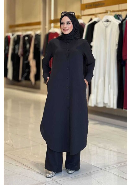 Düğmeli Cepli Tunik ve Pantolon Ikili Takım 8682 Siyah