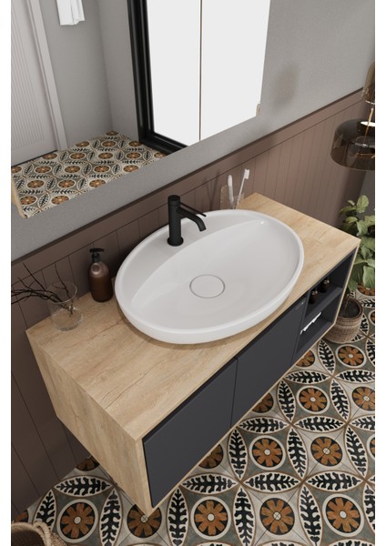 Lale 90 cm %100 Mdf Lavabolu Banyo Dolabı + Aynalı Dolap