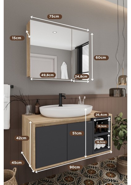 Lale 90 cm %100 Mdf Lavabolu Banyo Dolabı + Aynalı Dolap indirimleri