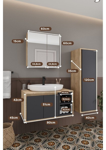 Lale 80 cm Set %100 Mdf Lavabolu Banyo Dolabı Aynalı Dolap Boy Dolabı indirimleri