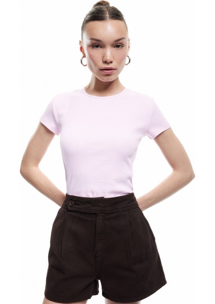 Crop Bisiklet Yaka Kısa Kollu Slim Fit Basic Kadın Tişört