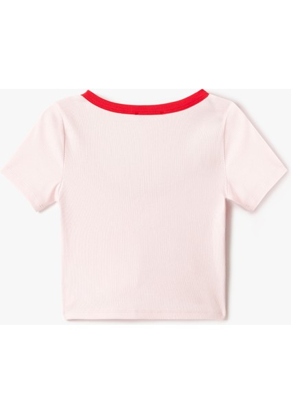 Pamuklu Slim Fit Kontrast Detaylı Kısa Kollu U Yaka Fitilli Crop Tişört