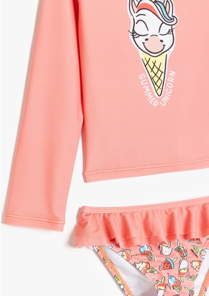 Fırfır Detaylı Unicorn Baskılı Uzun Kollu Bikini Seti