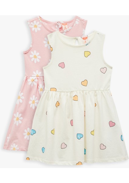 Kalp ve Çiçek Desenli Pamuklu Bisiklet Yaka 2'li Elbise Seti