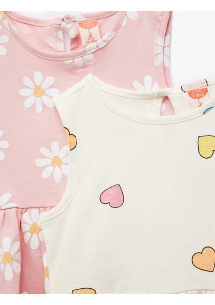 Kalp ve Çiçek Desenli Pamuklu Bisiklet Yaka 2'li Elbise Seti indirimleri