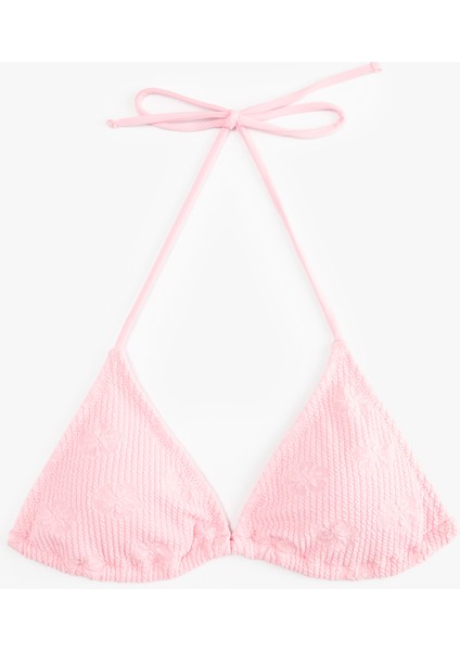 Fitilli Floral Dokulu Boyundan Bağlamalı Üçgen Bikini Üstü