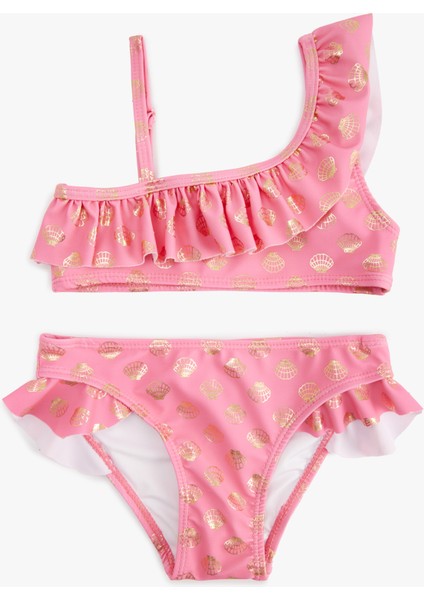 Fırfırlı Parlak Baskılı Tek Omuz Ince Askılı Bikini Takımı