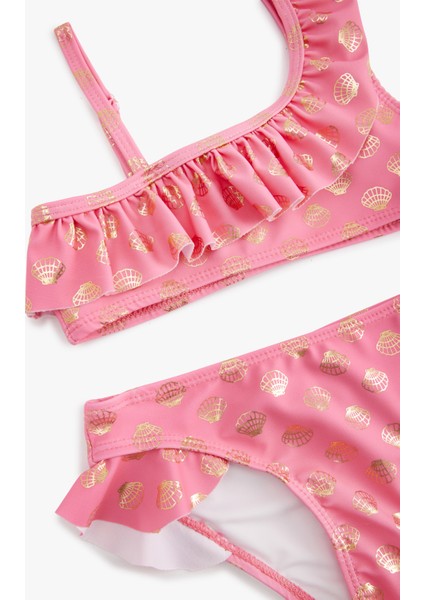 Fırfırlı Parlak Baskılı Tek Omuz Ince Askılı Bikini Takımı