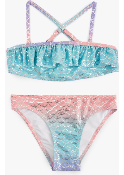 Deniz Kızı Temalı Baskı Detaylı Fırfırlı Askılı Bikini Takımı